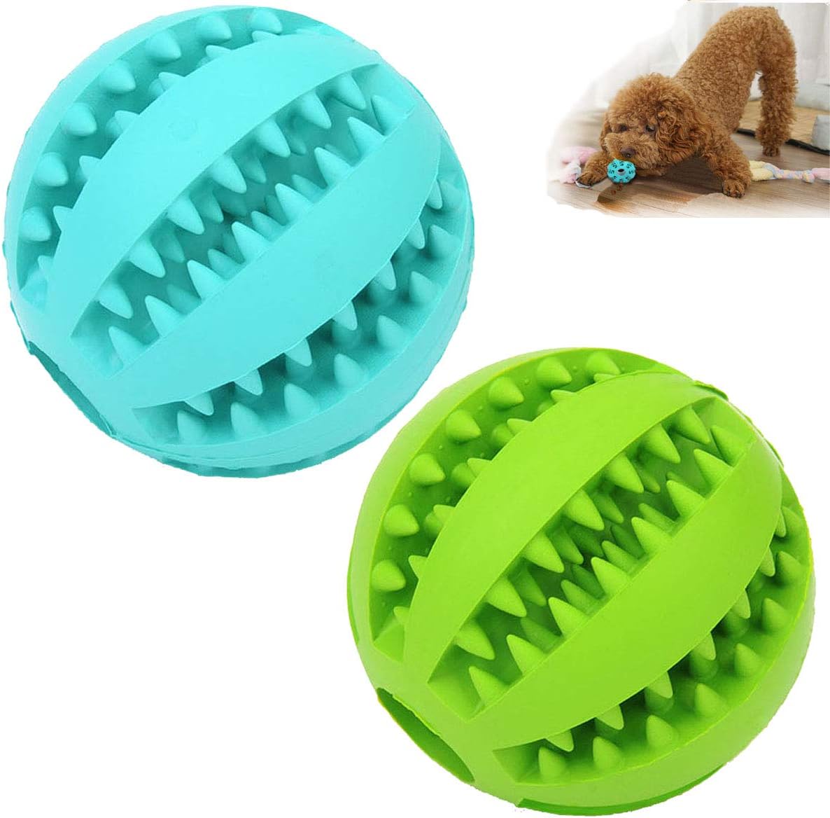 Two soft rubber treat-dispensing balls for dogs in blue and green