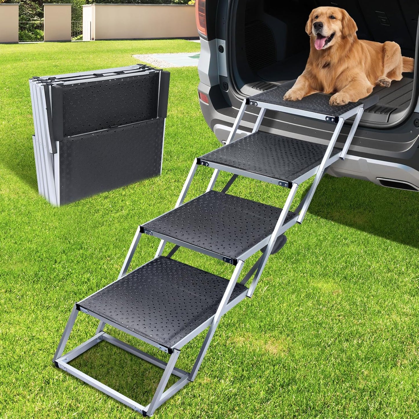 Folding car steps for dogs leading up to an SUV trunk