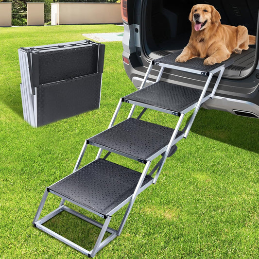 Folding car steps for dogs leading up to an SUV trunk