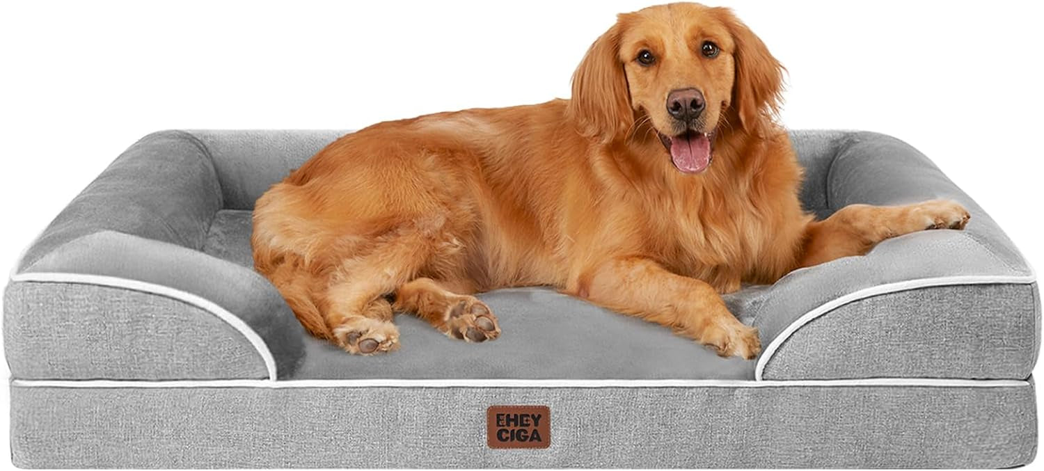 Grey supportive foam dog bed with raised sides