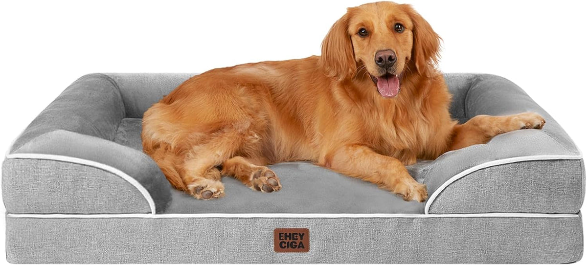 Grey supportive foam dog bed with raised sides